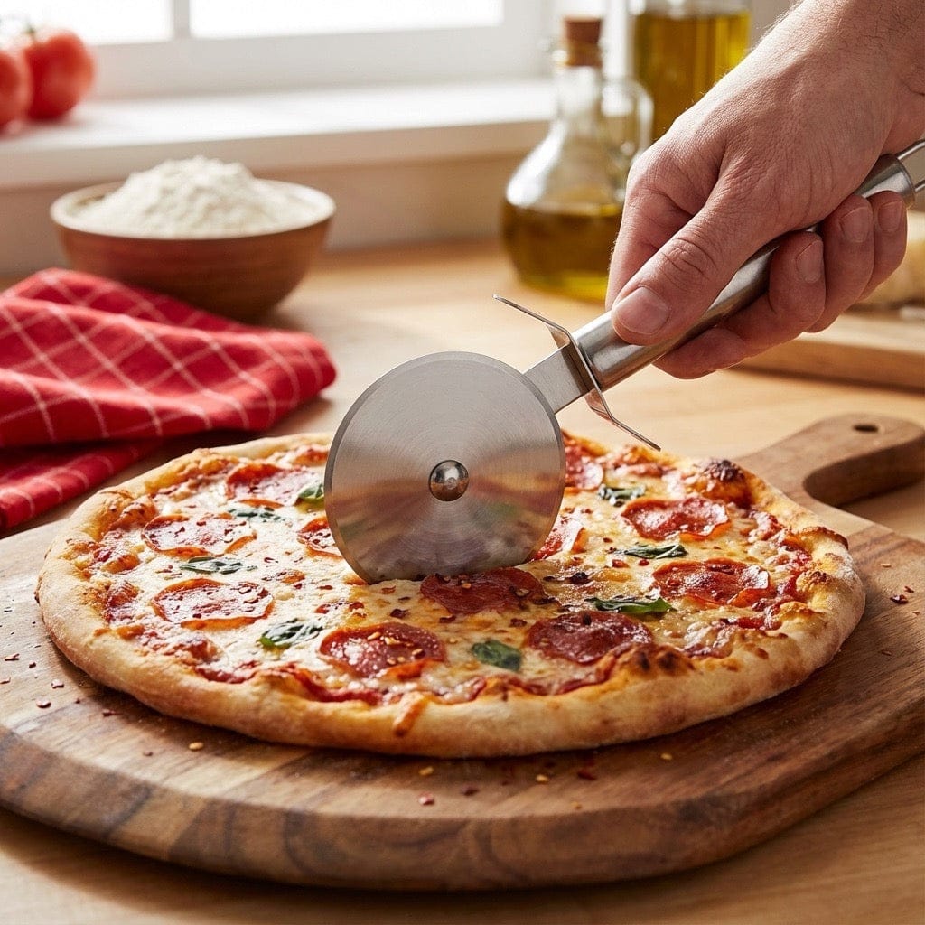 Pizzaschneider schneidet Pizza