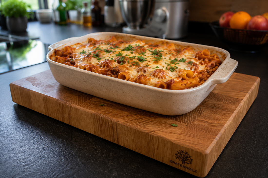 Pasta al forno auf Schneidebrett in der Küche