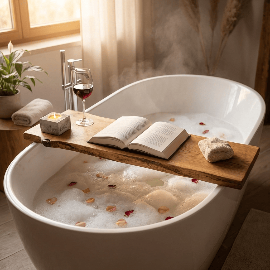 Badewannenbrett aus Holz auf einer Badewanne mit Buch, Weinglas und Kerze