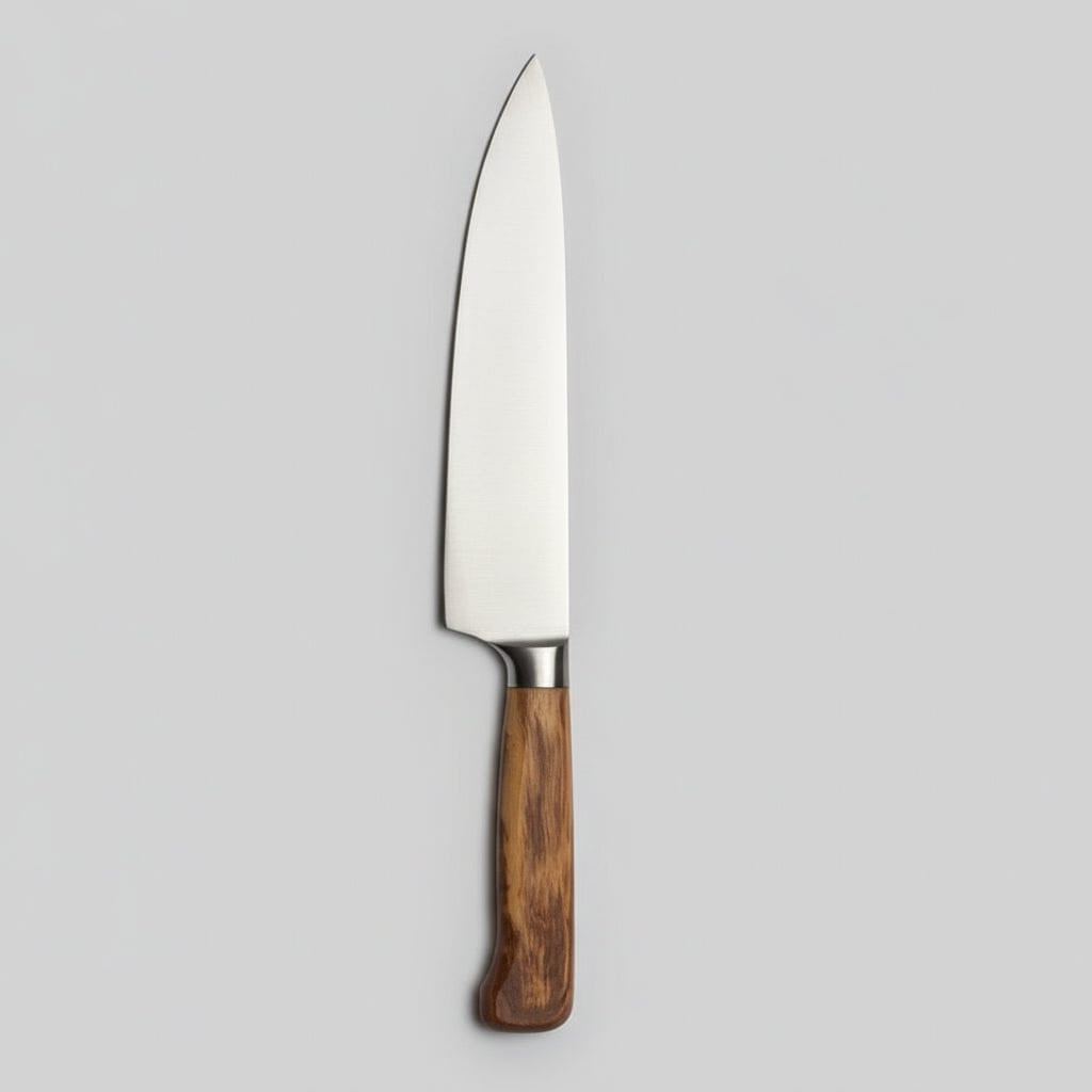 Geschmiedetes Kochmesser mit 20 cm Klinge und Olivenholzgriff als Größenvergleich für Küchenmesser