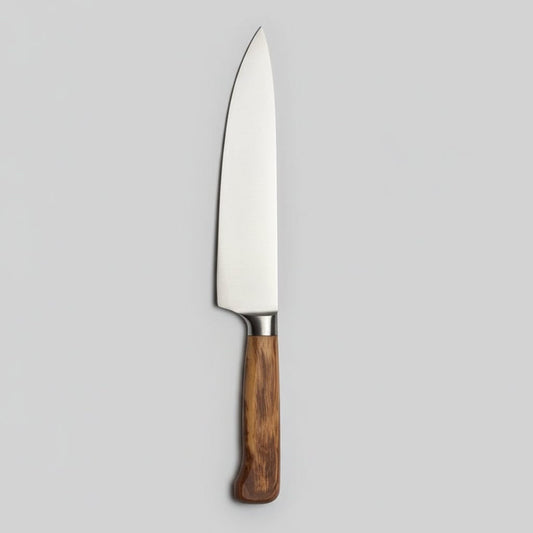 Geschmiedetes Kochmesser mit 20 cm Klinge und Olivenholzgriff als Größenvergleich für Küchenmesser