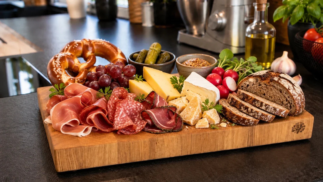 Brotzeitbrett mit Wurst, Käse, Brezn und Brot auf einem Kraterholz Vesperbrett