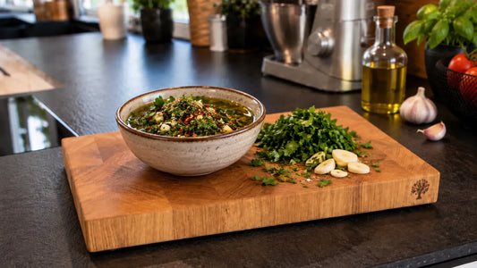 Chimichurri in einer kleinen Schale auf einem Kraterholz Schneidebrett, daneben grob gehackte Petersilie