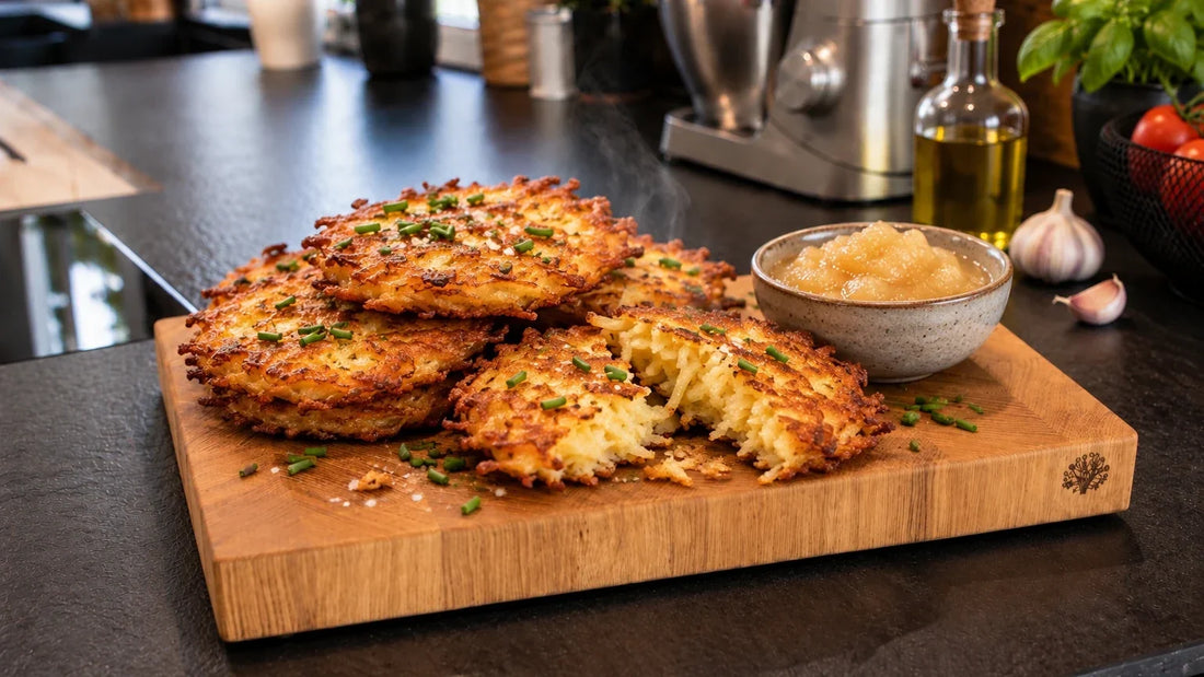 Knusprige Kartoffelpuffer mit Apfelmus auf einem Kraterholz Schneidebrett