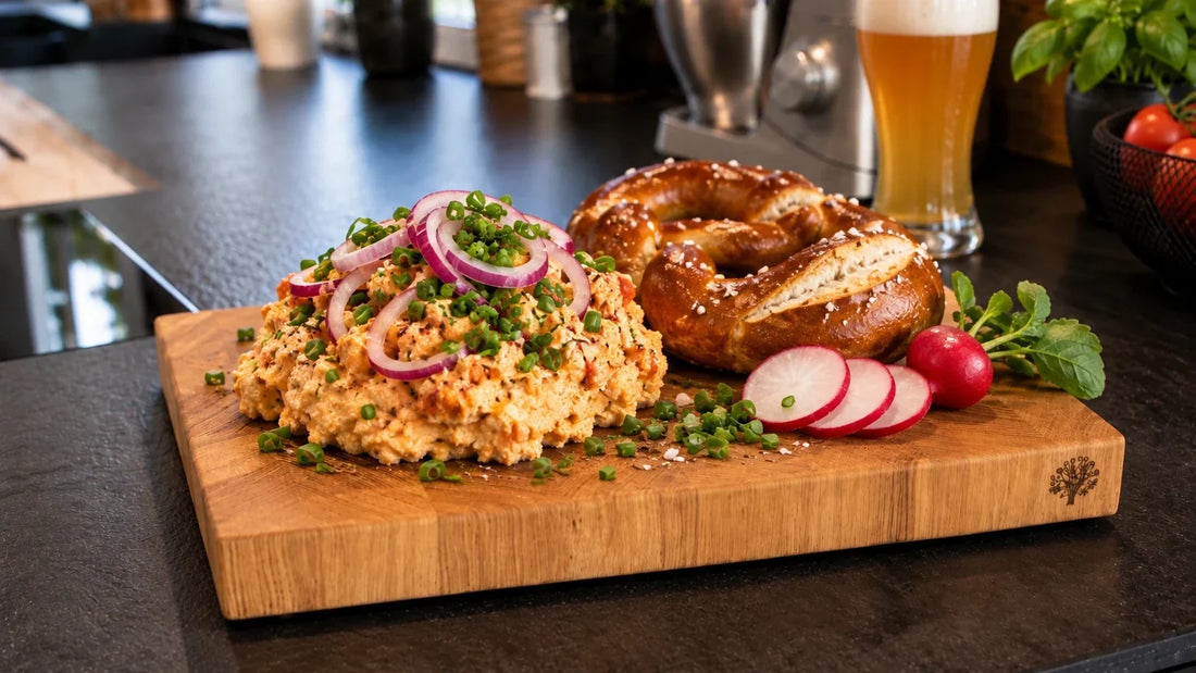 Obazda mit Zwiebelringen, Brezn und Radieschen auf einem Kraterholz Schneidebrett