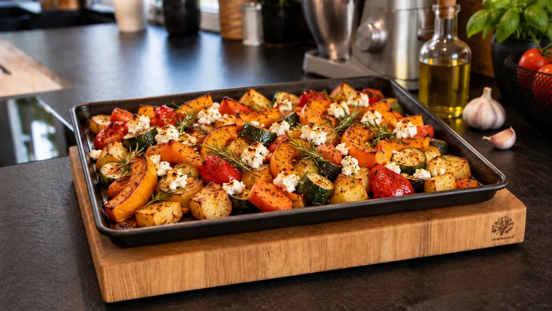 Ofengemüse vom Blech mit Feta und Rosmarin auf einem Kraterholz Schneidebrett