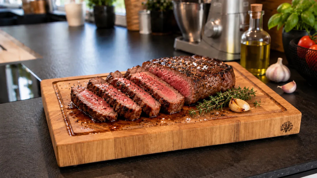 Aufgeschnittenes Rumpsteak medium rare auf einem Kraterholz Schneidebrett mit Saftrille
