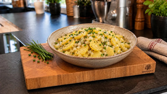 Selbstgemachter schwäbischer Kartoffelsalat in Küche auf Schneidebrett