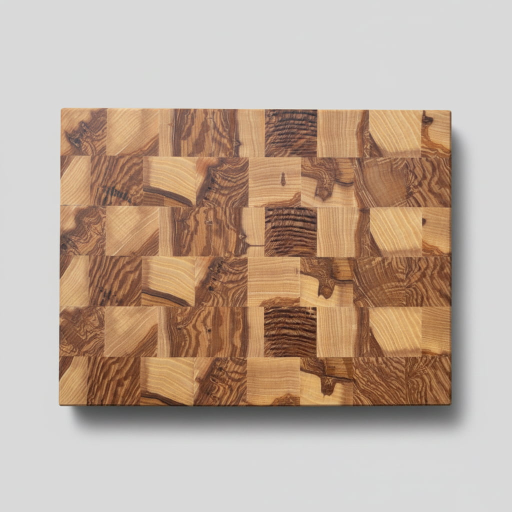 Hackblock Butcher Block Esche aus Stirnholz auf Arbeitsplatte Obenansicht