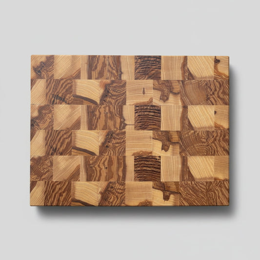 Hackblock Butcher Block Esche aus Stirnholz auf Arbeitsplatte Obenansicht