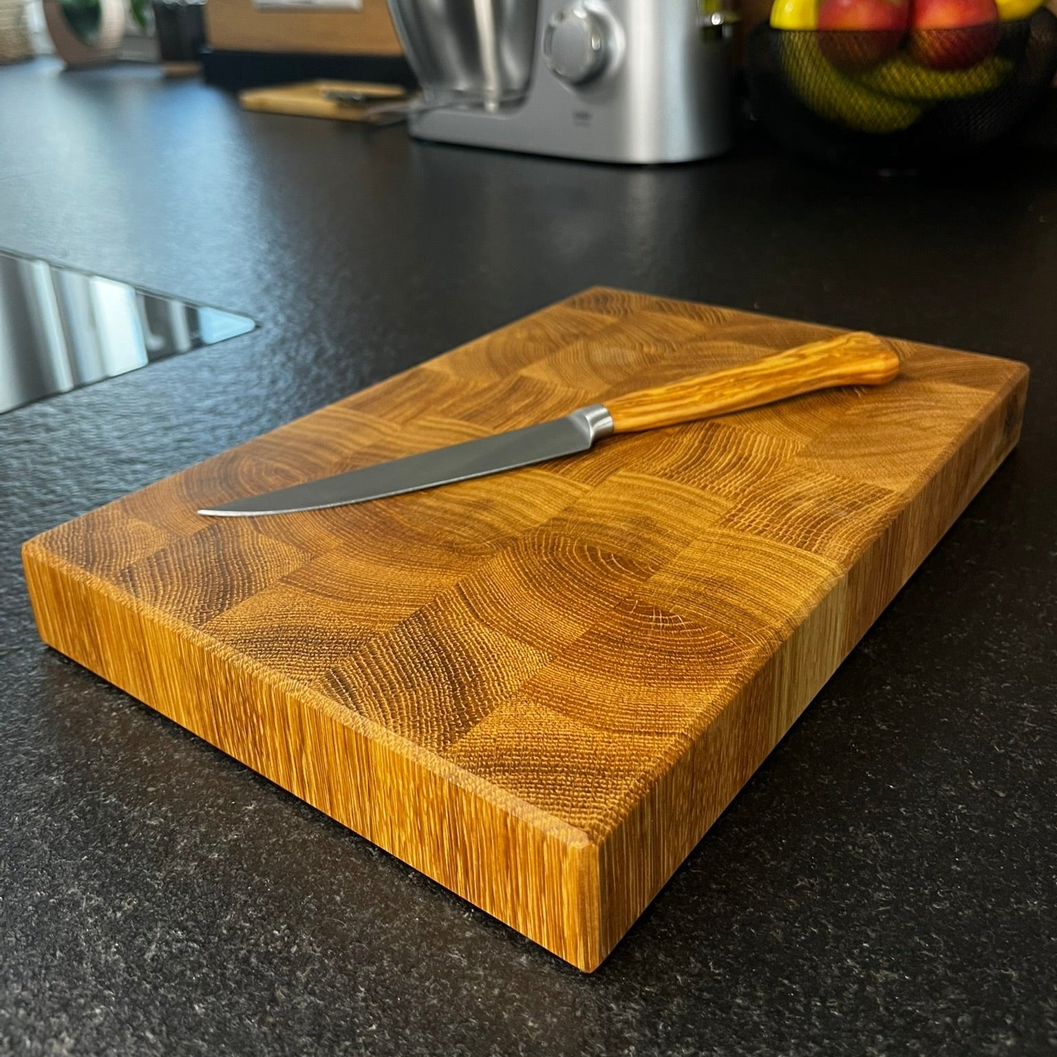 Stirnholzbrett Eiche + Steakmesser Olivengriff