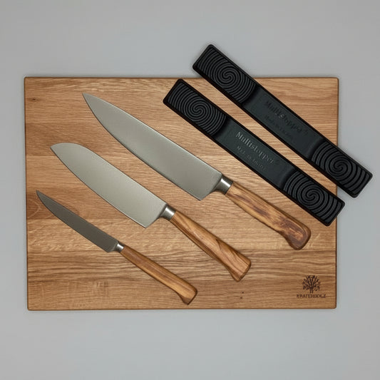 Küchenstarterset Längsholzschneidebrett Küchenmesser zwei Multistopper
