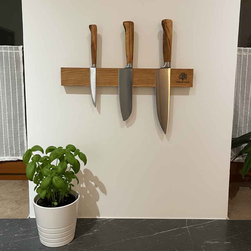 Messerleiste Eiche Magnetisch in Küche mit drei Messern