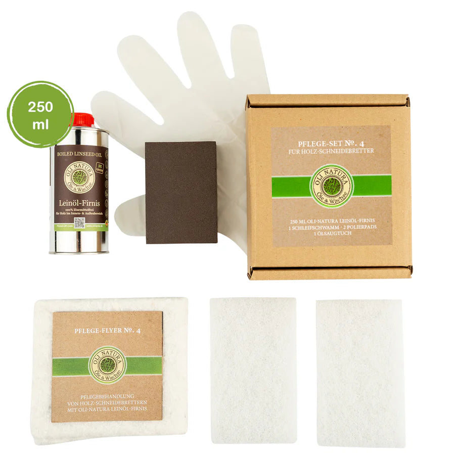 Oli Natura Pflegeset mit Leinölfirnis Schleifschwamm Handschuh