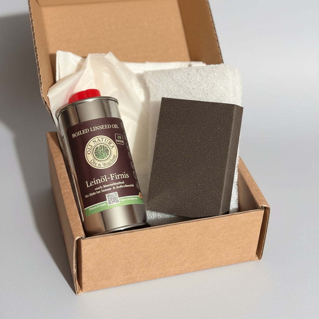 Oli Natura Holzpflegeset auf Schneidebrett Verpackung geöffnet