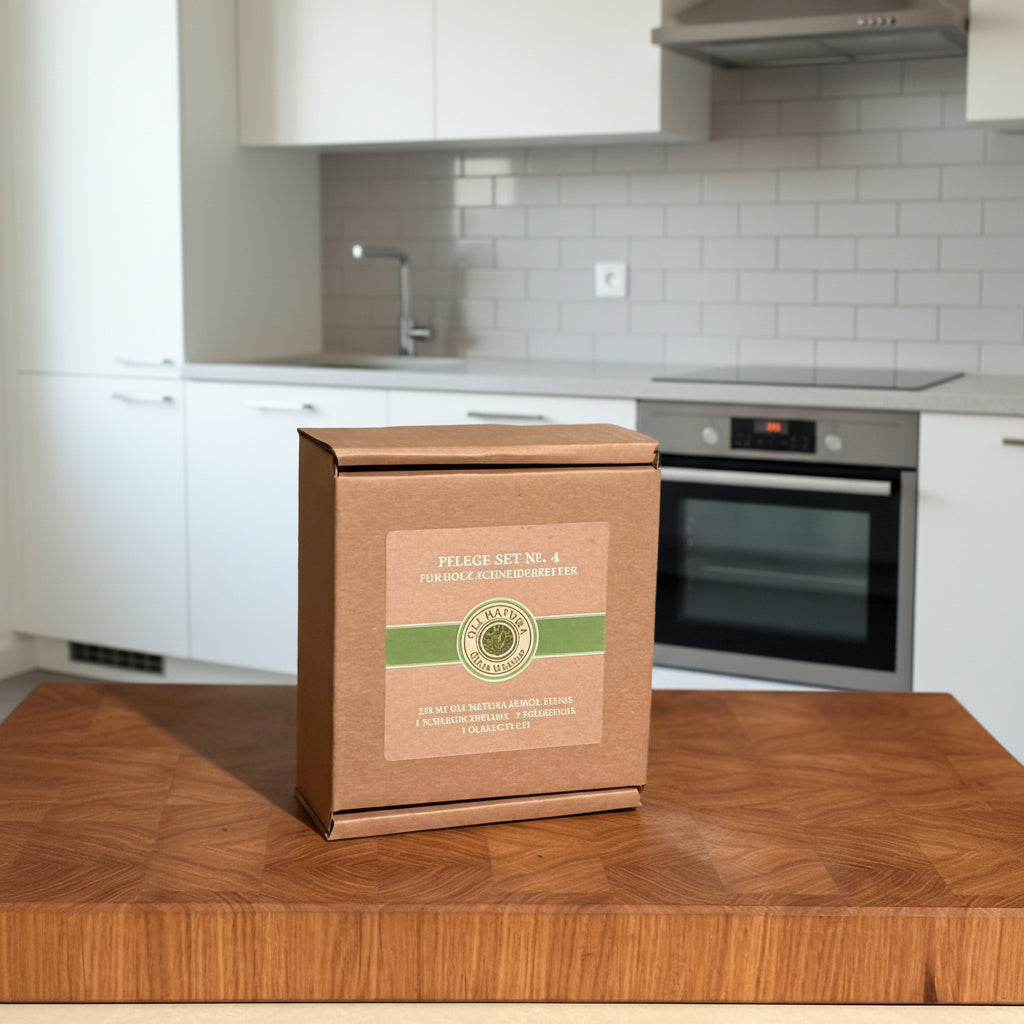 Oli Natura Leinölfirnis Verpackung auf Schneidebrett