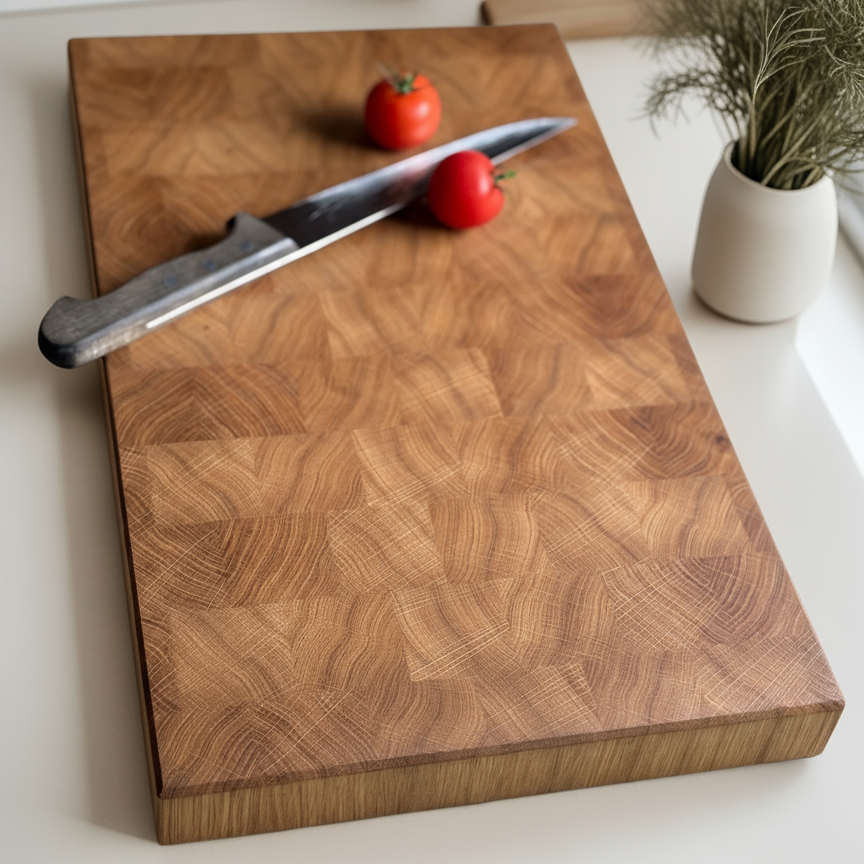 Schneidebrett mit Messer und Tomaten auf weißer Arbeitsfläche