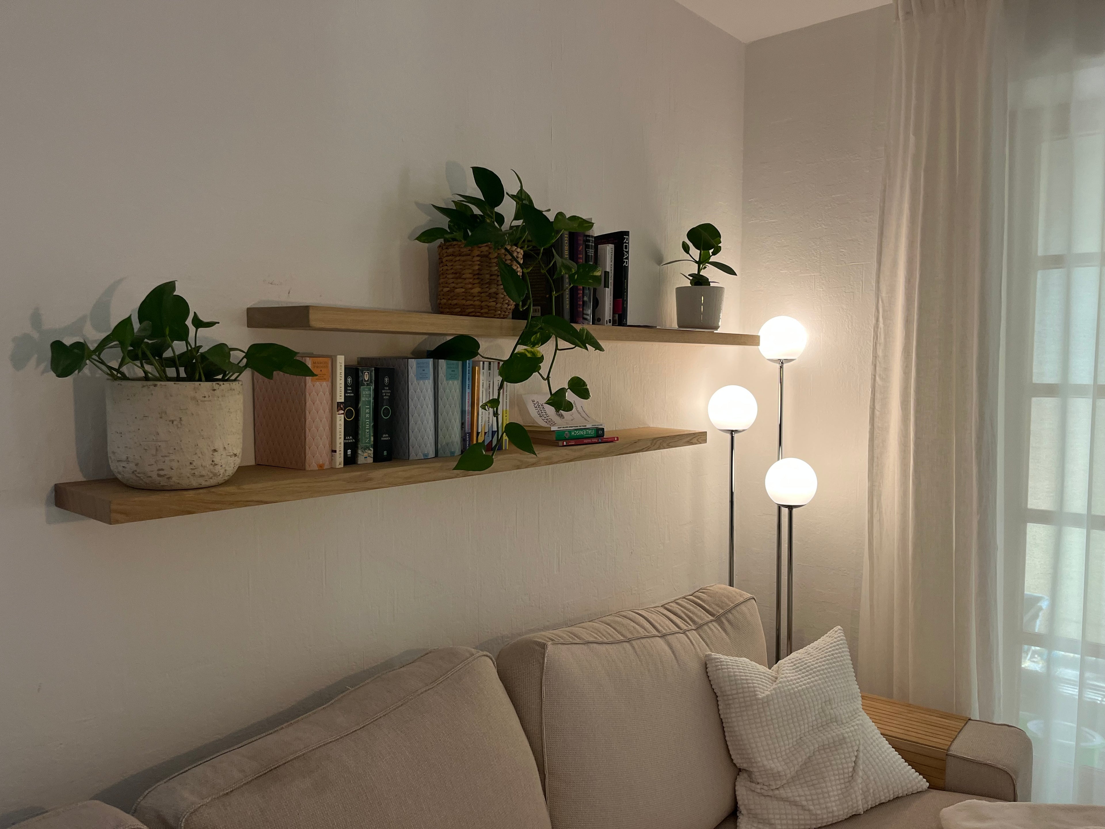 Wandregal an Wand mit Pflanzen und Büchern in Wohnzimmer