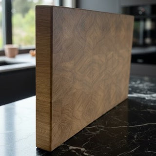 Schneidebrett Eiche auf schwarzer Marmor Oberfläche