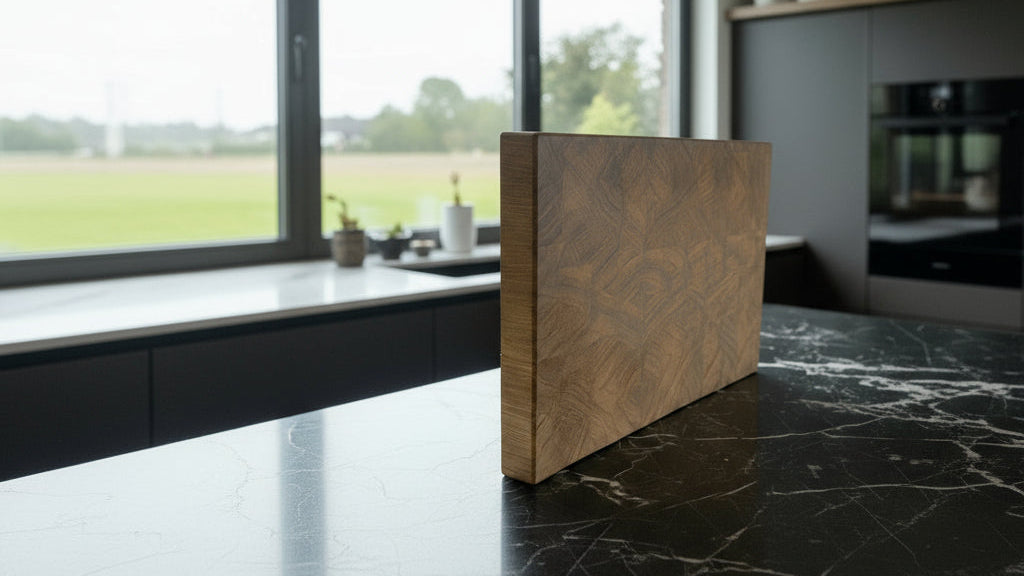 Eiche Schneidebrett auf schwarzer Marmor Küchenarbeitsfläche